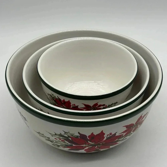 Totally Today Poinsettia Design Nesting Mixing Bowl Set 3 Heavy Duty Xmas Baking - Picture 4 of 12